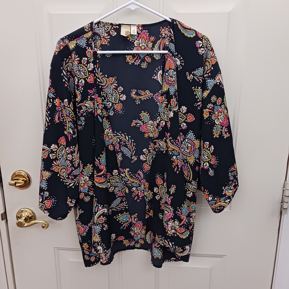 Francesca's Paisley Floral Kimono Cardigan Black Open Front Small